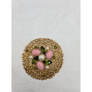 Vintage Sarah Coventry Gold-Tone Brooch With Faux Pearls Pink & Green Stones Flo